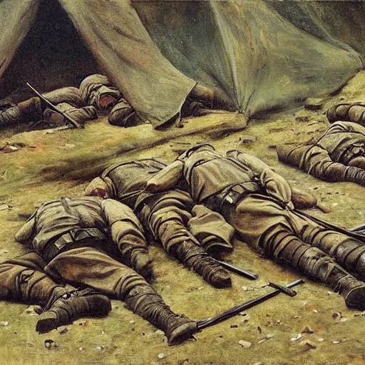 Image similar to Battle of the Somme but the soldiers are sleeping on the ground painting 1916