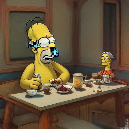 Image similar to Homer Simpson drinking tea in a Kurdish tea house, intricate, elegant, highly detailed, digital painting, artstation, concept art, matte, sharp focus, illustration, art by Artgerm and Greg Rutkowski and Enki Bilal