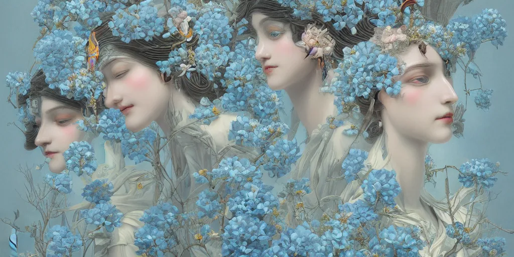 Image similar to breathtaking detailed concept art painting art deco pattern of faces goddesses amalmation light - blue flowers with anxious piercing eyes and blend of flowers and birds, by hsiao - ron cheng and john james audubon, bizarre compositions, exquisite detail, extremely moody lighting, 8 k