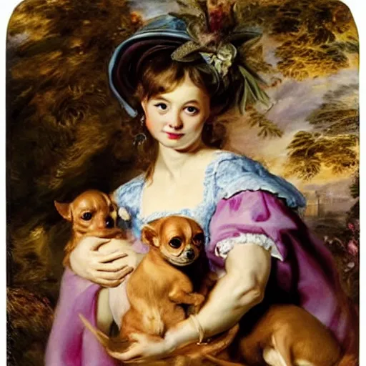 Image similar to heavenly summer sharp land sphere scallop well dressed lady holding little chihuahua in her arms, auslese, by peter paul rubens and eugene delacroix and karol bak, hyperrealism, digital illustration, fauvist, holding little chihuahua in her arms