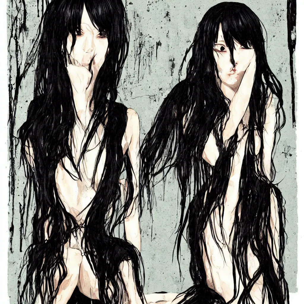 Prompt: Harry Weisburd Artwork Black Wet Hair, Hachishakusama, Eight-Feet-Tall, #One shot Goddess, Full Body abnormal