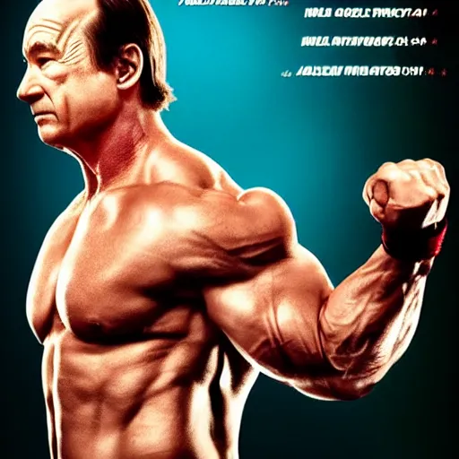 Image similar to movie poster for'nobody got swole ', an action movie starring bob odenkirk with the body of arnold schwarzenegger