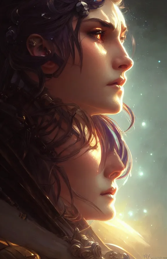 Image similar to Paladin face close-up macro in center, fantasy magic, undercut hairstyle, dark light night, intricate, elegant, sharp focus, illustration, highly detailed, digital painting, concept art, matte, art by WLOP and Artgerm and Greg Rutkowski and Alphonse Mucha, masterpiece