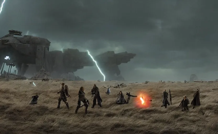 Image similar to screenshot portrait of Luke Skywalker in a windy lightning battlefield with scattered ruins of a fiery jedi rock temple, surrounded by giant AT-AT walkers, with young jedi army behind him, iconic scene from 1970s film by Stanley Kubrick, last jedi, 4k HD, cinematic lighting, beautiful portrait of Mark Hammill, moody scene, stunning cinematography, mcu effects, anamorphic lenses, kodak color film stock