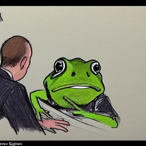 Prompt: a courtroom sketch of an angry frog pointing at alex jones on the stand