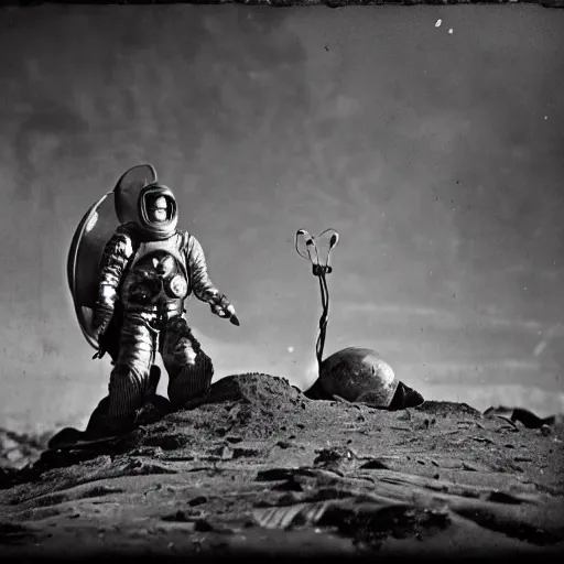 Image similar to wide angle photo of viking wearing space suit helmet and viking armor working on the antigravity gun ancient device, tools and junk on the ground,wires and lights, old village in the distance, vintage old photo, black and white, sepia