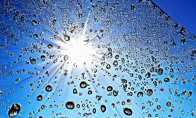 Image similar to beautiful picture of a sunny blue sky with a magical vertical cylindrical tunnel of big upside-down raindrops floating quietly