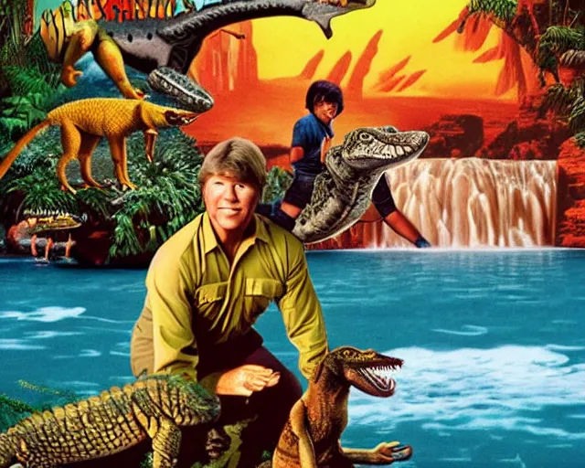 Image similar to steve irwin with dingo and crocodile and bruce lee, waterfall background, epic colorful hyper detailed cinematic still