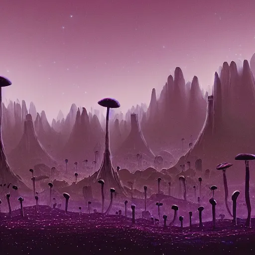 Image similar to a fungal city walking on many legs, in a dark mystical landscape with dark purple sky, with bioluminescent life