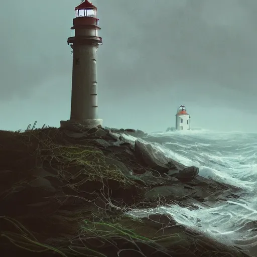 Image similar to lighthouse in a stormy sea, mechanic, robotic, abandoned, overgrown, cables, moody, realistic, concept art by simon stalenhag