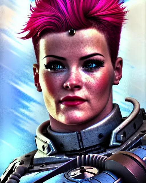 Prompt: zarya from overwatch, crazy look in his eyes, character portrait, portrait, close up, concept art, intricate details, highly detailed, vintage sci - fi poster, retro future, in the style of chris foss, rodger dean, moebius, michael whelan, and gustave dore