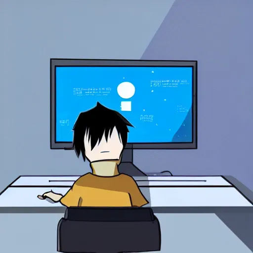 Prompt: friendly anime hacker working at computer