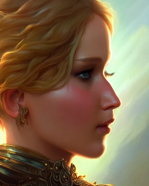 Image similar to Jennifer Lawrence, closeup, D&D, fantasy, intricate, elegant, highly detailed, digital painting, artstation, concept art, matte, sharp focus, illustration, hearthstone, art by Artgerm and Greg Rutkowski and Alphonse Mucha