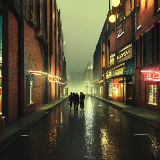 Image similar to dark neon lit streetscape, brick buildings, tall, dark lighting, cars, people, tail lights, headlights, wet rainy night, top - rated, award winning, realistic, detailed lighting, detailed shadows