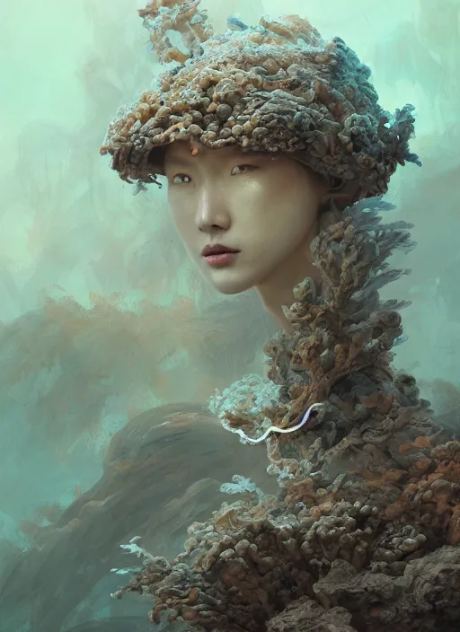 Prompt: Helmet of a forgotten Deity, corals, plume made of seaweed, white snake winding around, extremly detailed digital painting, in the style of Fenghua Zhong and Ruan Jia and jeremy lipking and Peter Mohrbacher, mystical colors, rim light, beautiful lighting, 8k, stunning scene, raytracing, octane, trending on artstation