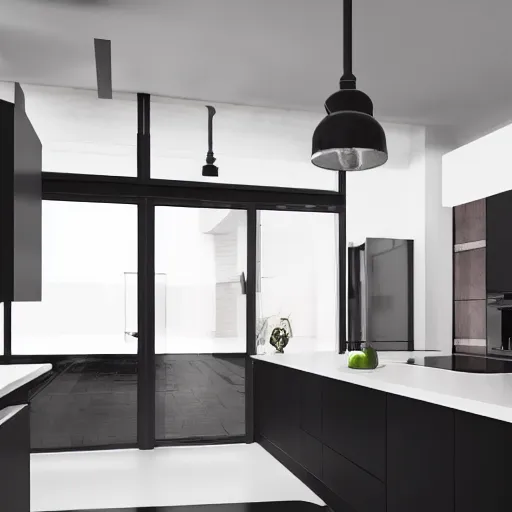 Image similar to photo of black, matte kitchen fronts surfaces and furniture, dark red walls at the back, white floor tiles on the ground, architecture, concept art