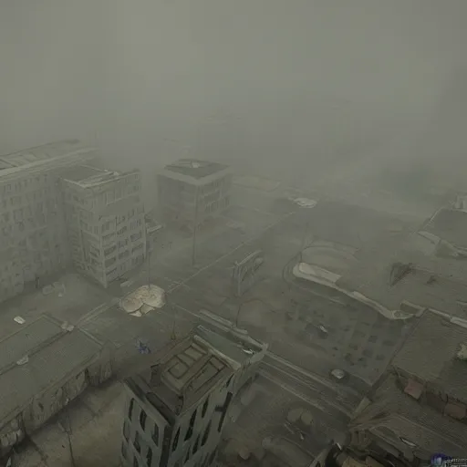 Prompt: overhead view of foggy streets in style of silent hill one, realistic, detailed, 4 k