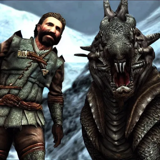 Image similar to Photo of Joseph Stalin friendship with dragon from Skyrim ,