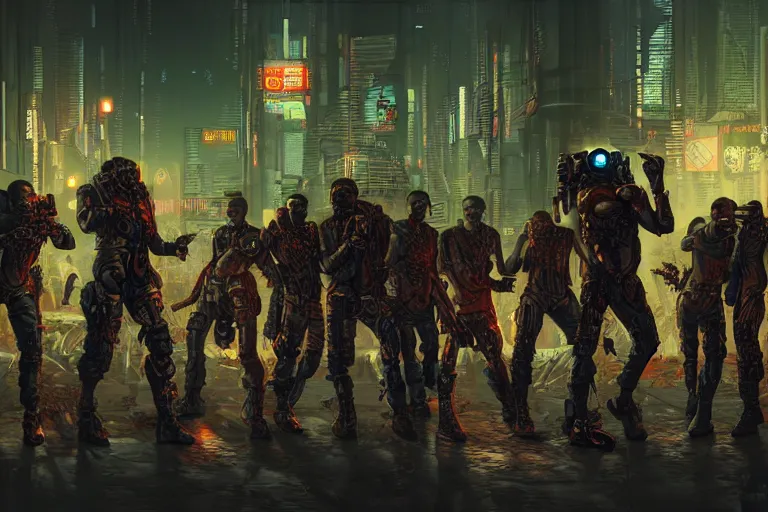 Image similar to ultra realistic illustration, a gang of mutant cyberpunk mercenaries protecting a large stash of expensive spice in front of their hide - out, cyberpunk, sci - fi, fantasy, intricate, elegant, highly detailed, artstation, concept art, smooth, sharp, illustration, dramatic lighting, in the style of alejandro burdisio