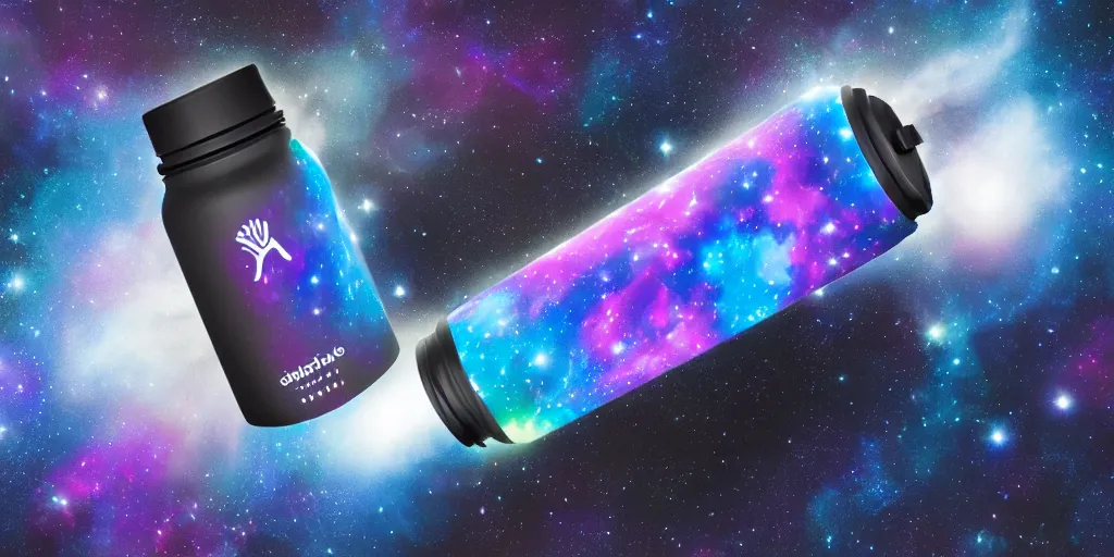 Image similar to hydro Flask, space, galaxy, glow, neon, closeup,