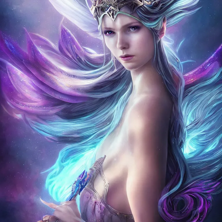 Image similar to beautiful cinematic fantasy poster, a beautiful princess queen with dark rainbow angel wings with flowing illuminated hair, beautiful glowing galaxy eyes, wideshot ultrawide angle epic scale, hybrid from The Elden Ring and art direction by Darius Zawadzki ;by artgerm; wayne reynolds art station; cinematic quality character render; low angle; ultra high quality model; production quality cinema model;