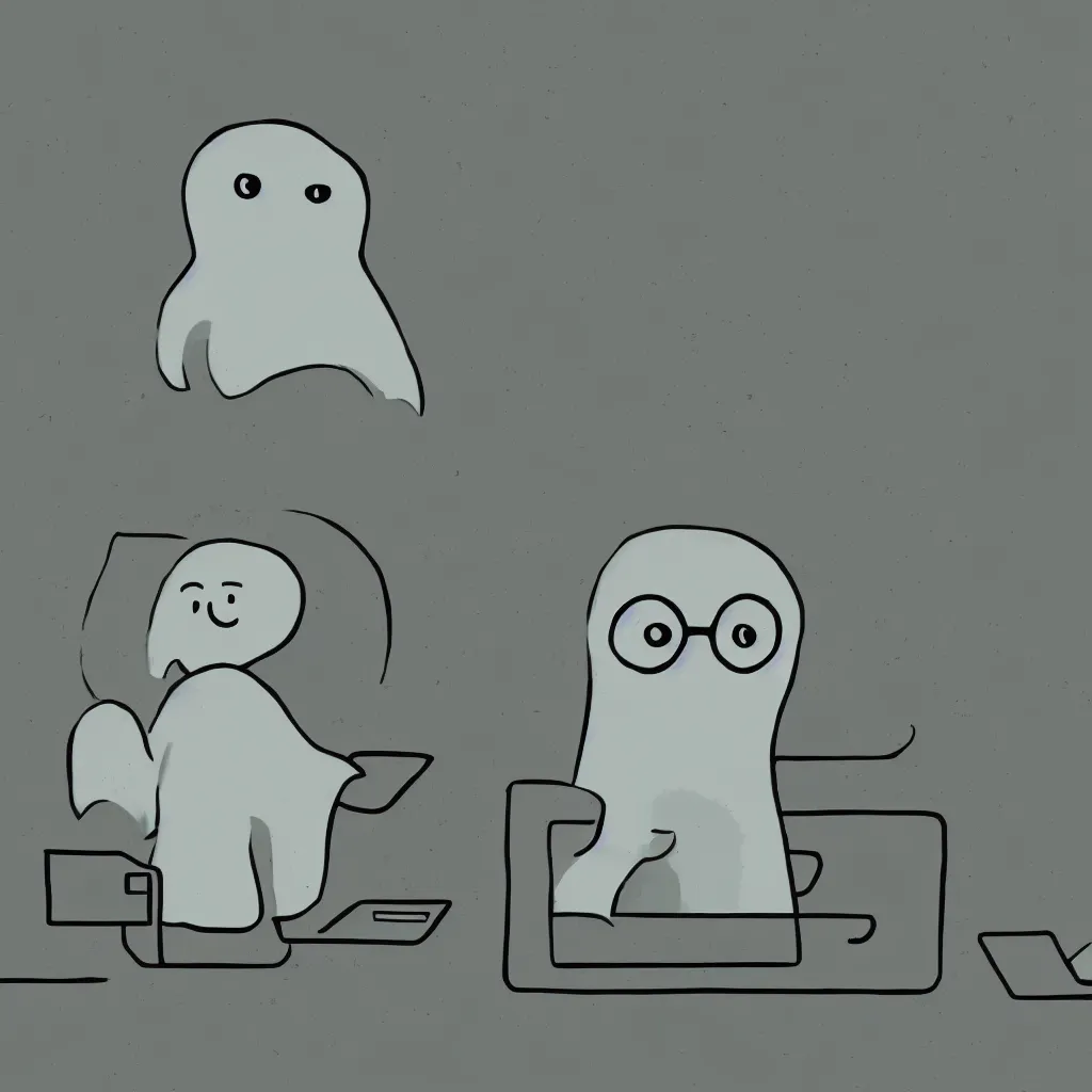 Prompt: illustration of a cute friendly ghost with glasses with a laptop, in the style of studio ghibli