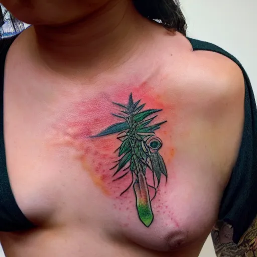 Image similar to an ultra realistic 8 k hdr photo of an award winning healed color tattoo of a hemp bud on a girls chest in japanese style