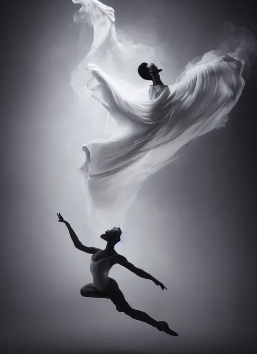 Image similar to a Photorealistic dramatic hyperrealistic render of a glamorous beautiful Female smoke dancer by Ken Brower and Deborah Ory of NYC Dance project,Lois Greenfield,Flowing cloth and smoke,Beautiful dynamic dramatic dark moody lighting,volumetric,shadows,cinematic atmosphere,Octane render,8K