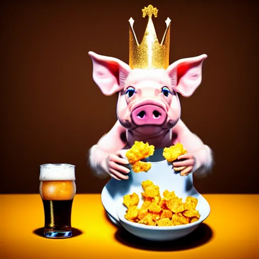 Prompt: realistic photo of a cute puppet pig wearing a gold crown drinking beer and eating a bowl pork rinds a table with a bib on, high quality, cinematic concept art