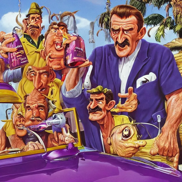 Image similar to promotional art for the movie'unless you hate bullruns ', barry chuckle preparing a batch of purple oil drink, hyperreal detailed facial features and uv lighting, art by ed roth and basil wolverton