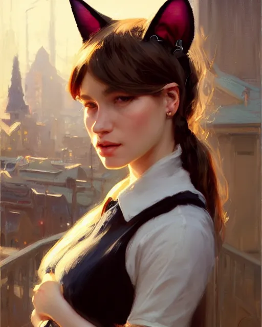 Image similar to a potrait of a girl with cat ears, fine details. night setting. realistic shaded lighting poster by craig mullism, artgerm, jeremy lipkin and michael garmash, unreal engine, radiant light, detailed and intricate environment, digital art, trending on art station