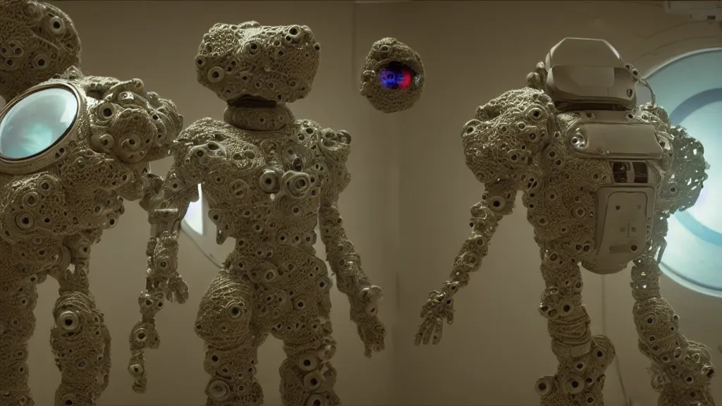 Image similar to a cybernetic symbiosis of a single astronaut mech-organic eva suit made of pearlescent wearing knitted shiny ceramic multi colored yarn thread infected with diamond 3d fractal lace iridescent bubble 3d skin dotted covered with orb stalks of insectoid compound eye camera lenses floats through the living room, film still from the movie directed by Denis Villeneuve with art direction by Salvador Dalí, wide lens,kevlar,carbon fiber,ceramics,gaseous materials,