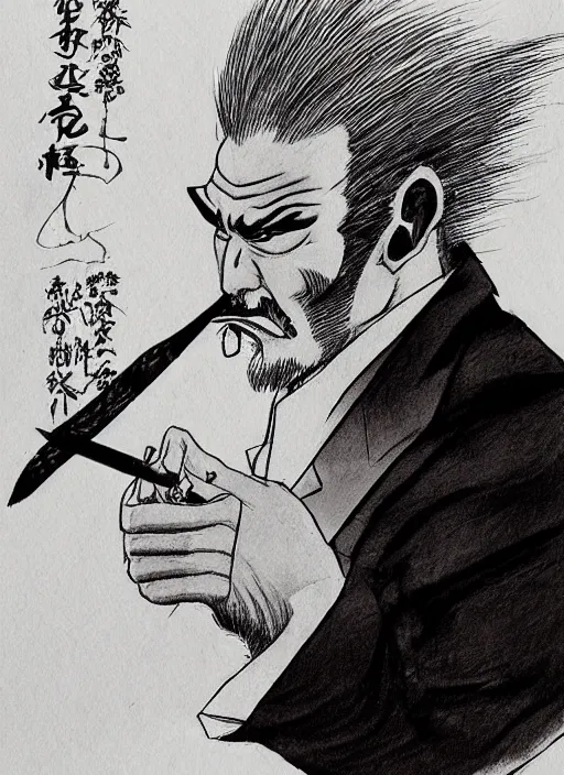 Image similar to manga illustration of heihachi mishima from tekken, dressed formally, smoking a cigar, drawn in the style of keisuke itagaki