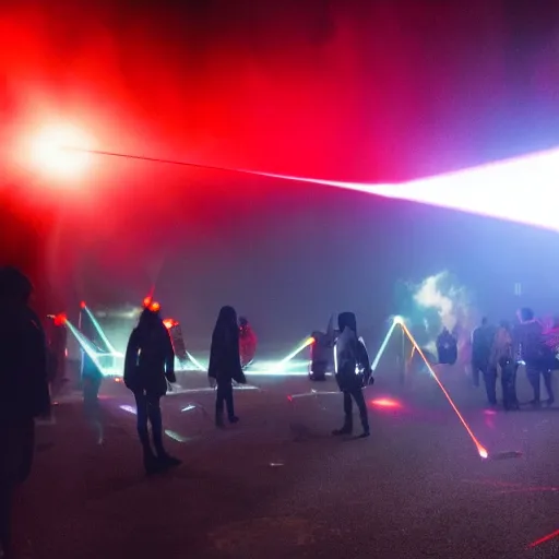 Image similar to giant group smoke bodies, lasers, darkness, from behind, wide angle, elaborate, smoke, red dot, highly detailed, beautiful lighting