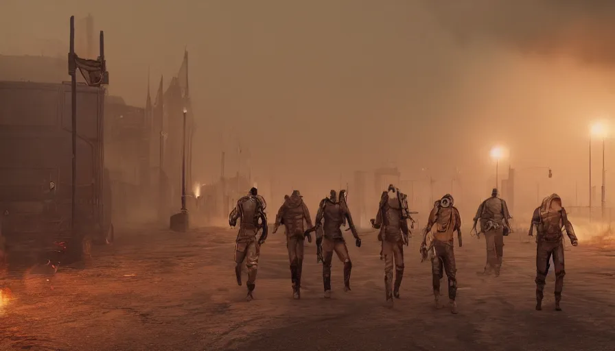 Image similar to masked mens with jackets walking in london in mad max, smoke bombs, fire, sand, sandstorm, hyperdetailed, artstation, cgsociety, 8 k