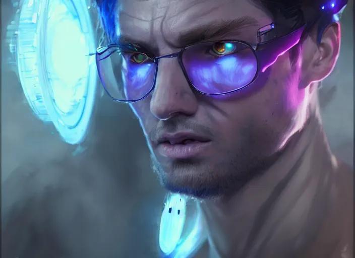 Image similar to a pissed right off genetically engineered nerd, by greg rutkowski, blue and purple lighting, digital art, ultra realistic, ultra detailed, photorealistic, 4 k, character concept