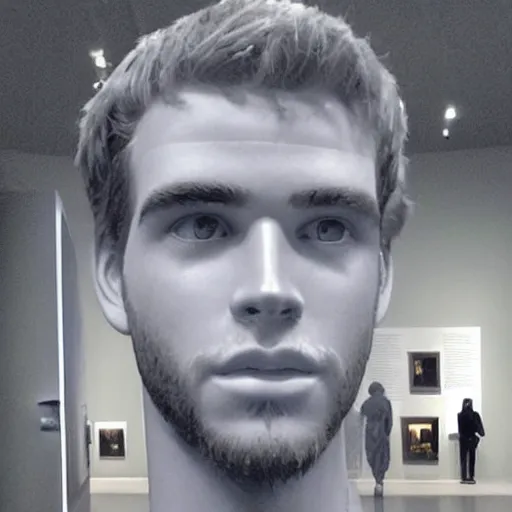 Image similar to “ a realistic detailed photo of a guy who is an attractive humanoid who is half robot and half humanoid, who is a male android, actor liam hemsworth, shiny skin, posing like a statue, blank stare, at the museum, on display ”