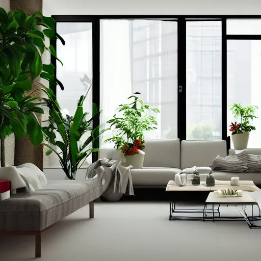 Image similar to a modern indoor room clean architecture a couch a couch table some plants daylight peaceful 8 k octane render