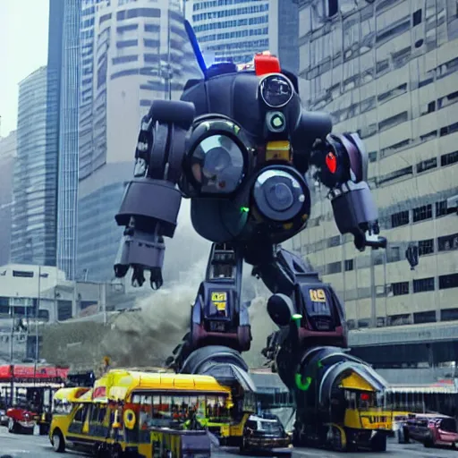 Image similar to a giant vacuum cleaner mech attacks a city