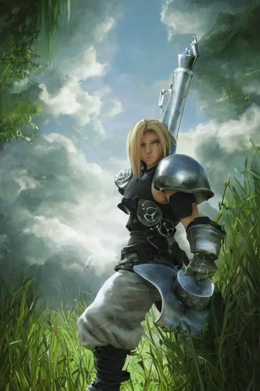 Image similar to cloud from final fantasy 7, battle stance , highly detailed, in a magical lush field of overgrown plants, digital painting, artstation, concept art, smooth, sharp focus, illustration, cinematic lighting, art by artgerm and greg rutkowski and alphonse mucha