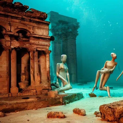 Image similar to underwater photograph of ancient greek ruins with rotting mannequins and smudged makeup in various poses, elegant jellyfish, exploration, national geographic, volumetric lighting