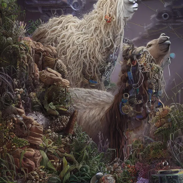 Prompt: llama with dreadlocks, industrial sci-fi, by Mandy Jurgens, Ernst Haeckel, James Jean