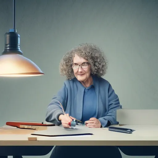 Prompt: older woman building electrical wiring on desk, soft lighting, matte painting, curly hair