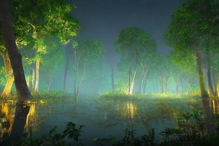 Image similar to a peaceful mangrove tree swamp at night with glowing fireflies, landscape painting, romanticism style, volumetric lighting, unreal engine, cinematic, trending on artstation