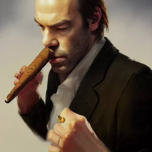 Image similar to Portrait of Young Hugo Weaving by Greg Rutkowski in a suit smoking a cigar, Realistic Painting, very detailed, digital painting, trending on artstation, concept art, smooth, artstation HQ