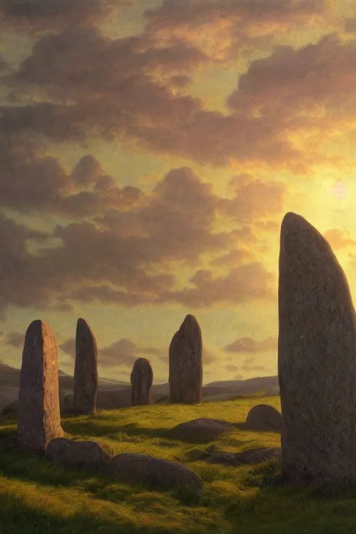 Image similar to circle of standing stones at dawn, dramatic cinematic lighting, rich colors, by William Dyce and ford madox brown and April Gornik and Caspar David Friedrich and Diego Rivera, featured on artstation