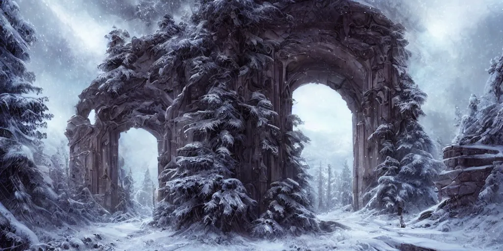 Image similar to a snowy landscape, sparse fir trees, scattered broken ancient ruin structures, giant archways, fantasy digital painting, stunning, intricate details, artwork by ross tran and artgerm