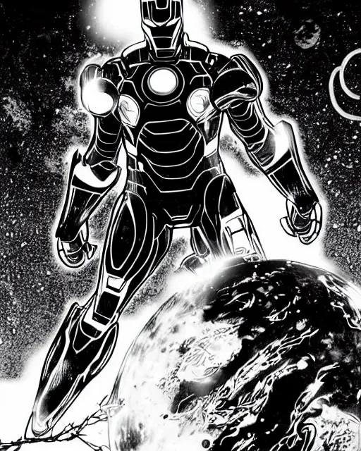 Image similar to black and white sad iron man with shawarma on hands, stay on the destroed moon, wires earth background, by tsutomu nihei