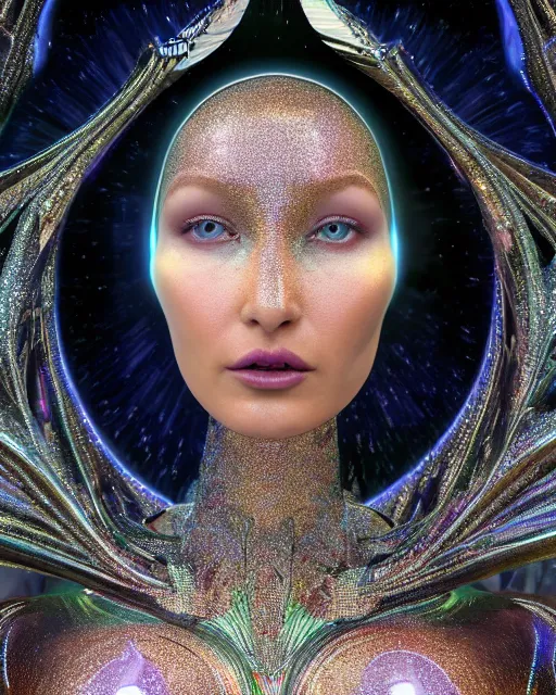 Image similar to a highly detailed metahuman 4 k close up render of an alien goddess bella hadid as alien in iris van herpen dress schiaparelli in diamonds crystals swarovski and jewelry iridescent in style of alphonse mucha gustav klimt trending on artstation made in unreal engine 4