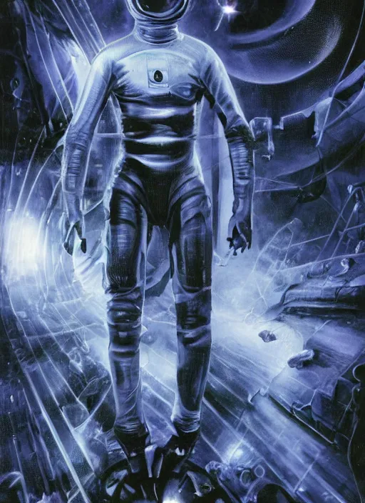 Image similar to astronaut in dark void underwater - complex and hyperdetailed technical suit design. reflection and dispersion materials. rays and dispersion of light. volumetric light. f / 3 2. noise film photo. flash photography. ultra realistic, 5 0 mm. poster by wayne barlowe, hajime sorayama aaron horkey, craig mullins